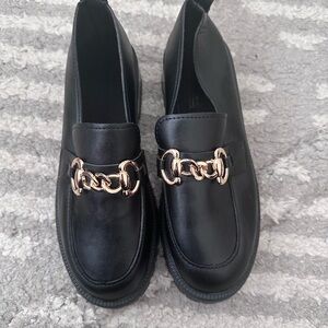 Black Loafers with Gold Chain Detail